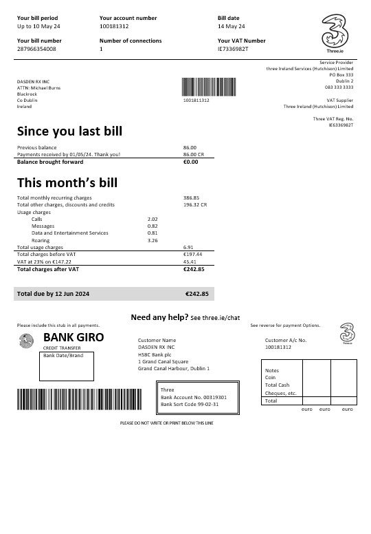 Ireland Three.ie business utility bill template in Word and PDF formats